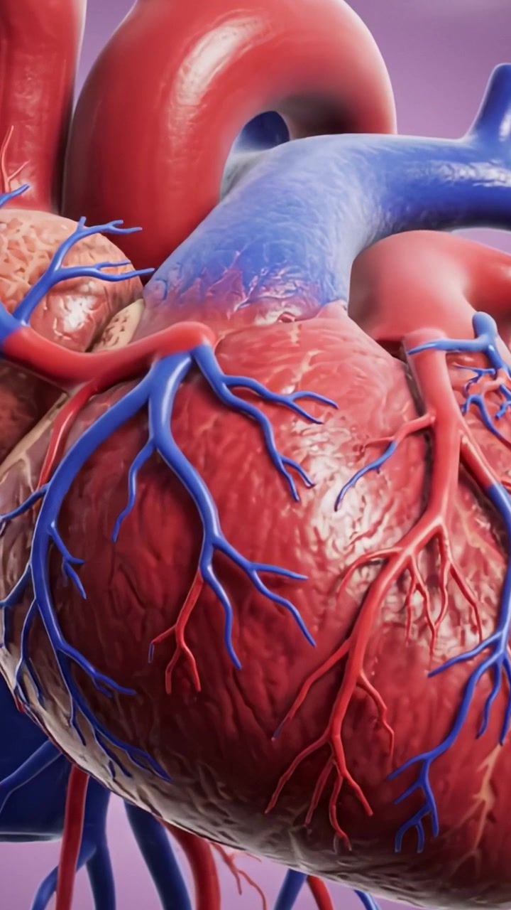 Illustrazione anatomica dettagliata del cuore umano, che evidenzia le sue strutture complesse e i vasi sanguigni con una colorazione realistica mozzafiato.