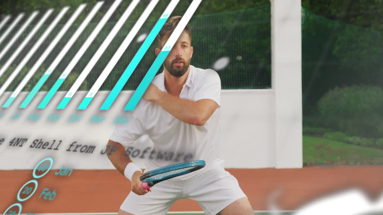 male tennis player assuming ready stance on red court, tracking blurred ball with sports overlays