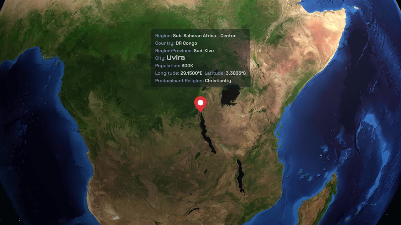 A digital globe rotates and zooms into Sub-Saharan Africa, highlighting Uvira with location data