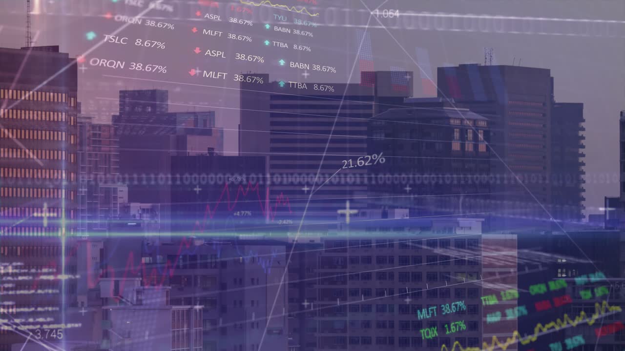 Binary code fading in triggers beam crossing skyline, grid forming and panels showing market trends