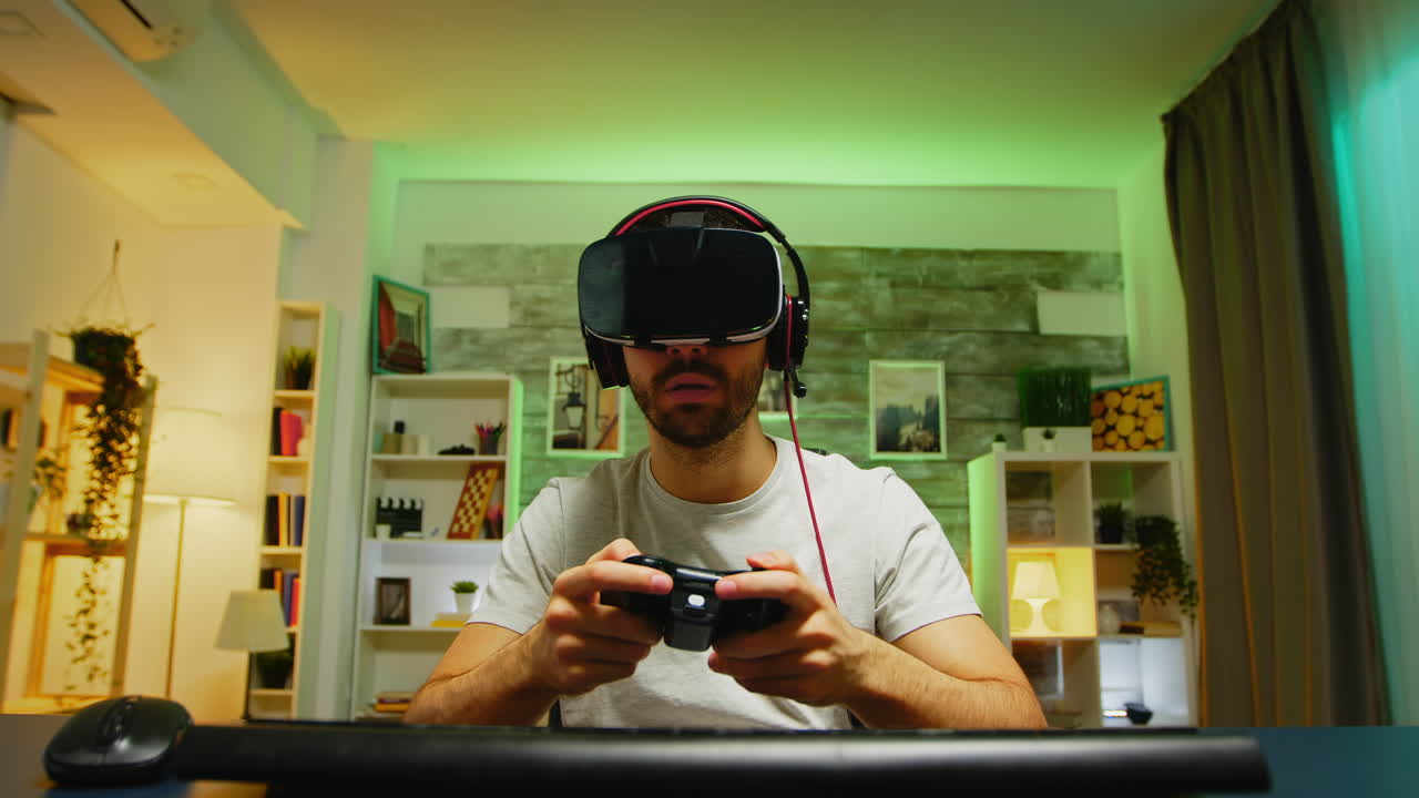 Pov of professional gamer wearing virtual reality headset