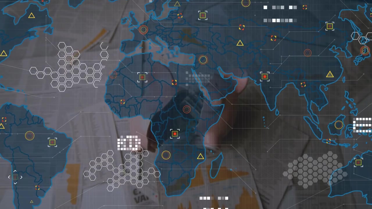 Animation of data processing and world map over documents