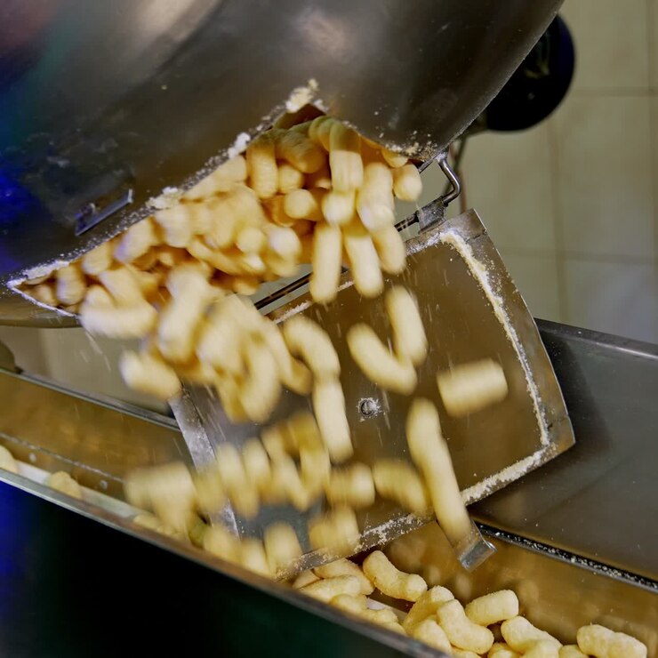 Sweet yellow crispy snacks falling on the conveyor line from opened metal tank. Maize sticks production process. Close up