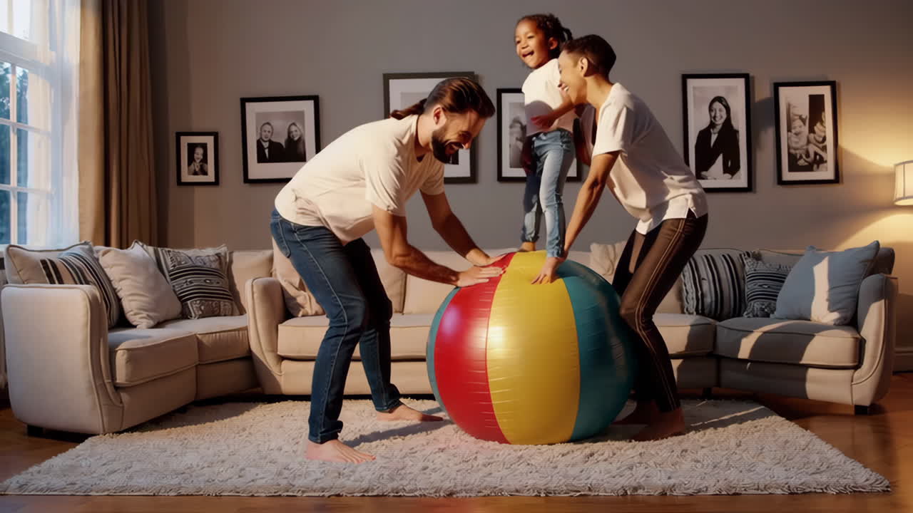 A family playing with a colorful exercise ball in their living room