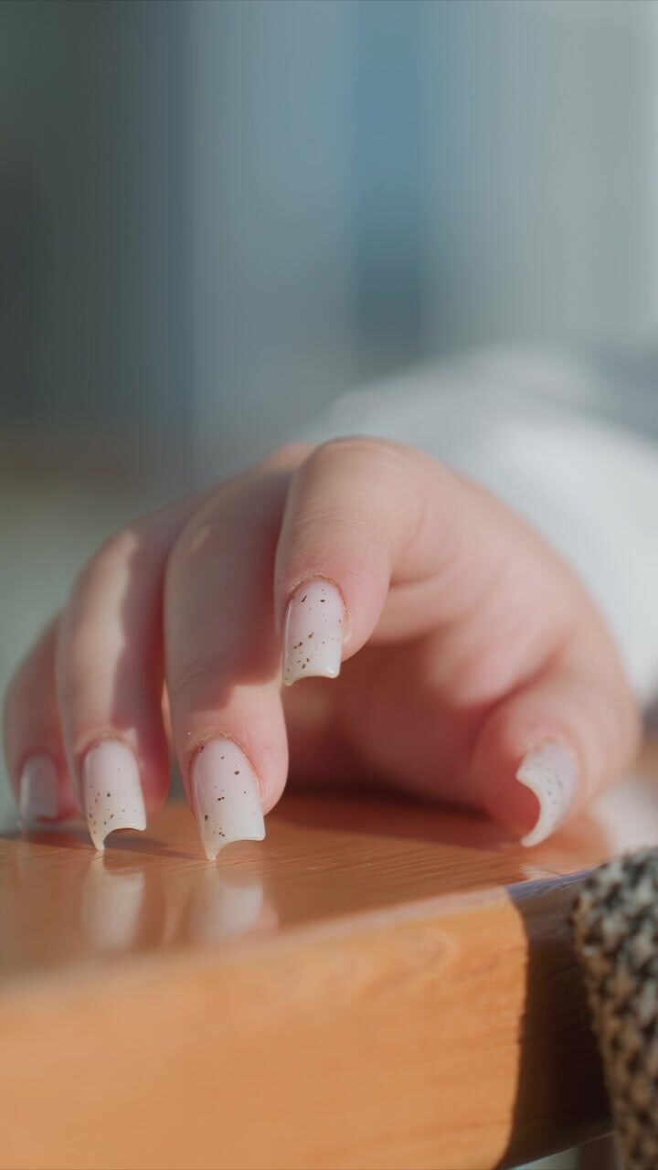 Detailed shot focusing solely on fingernails. Placed carefully over natural grain under warm ambient glow. Scene shows detailed hand placement under natural lighting conditions