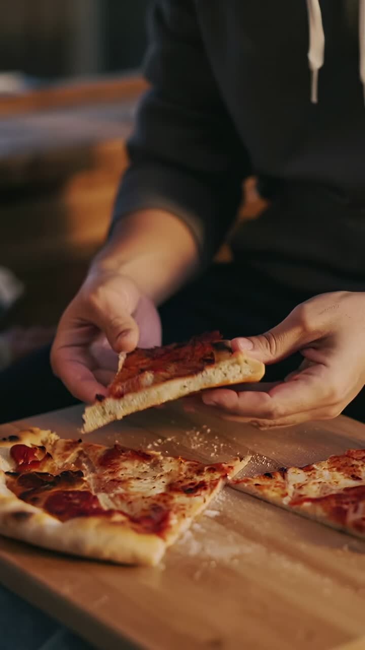 Vertical video: Reaching man in hoodie feeding pepperoni slice to woman in sweater on balcony