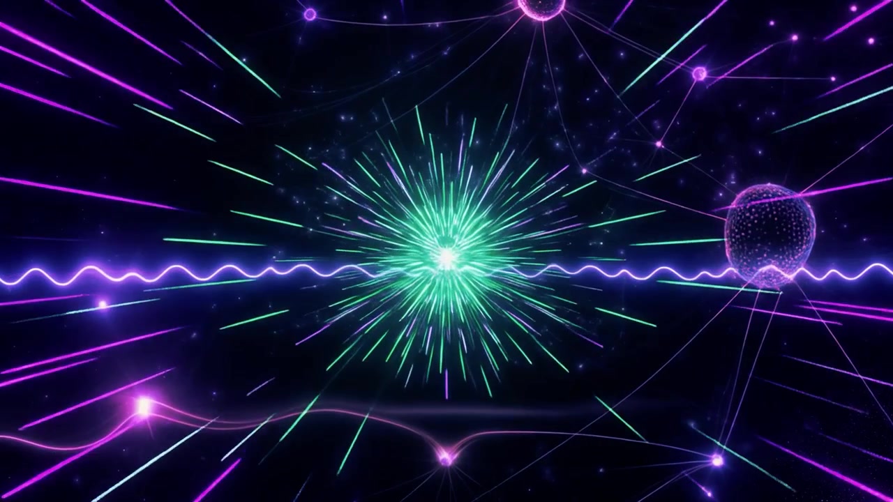 Abstract Digital Background with Glowing Neon Light Rays and Network Nodes