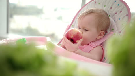 infant eating apple. baby breakfast with fresh fruit. healthy eating children