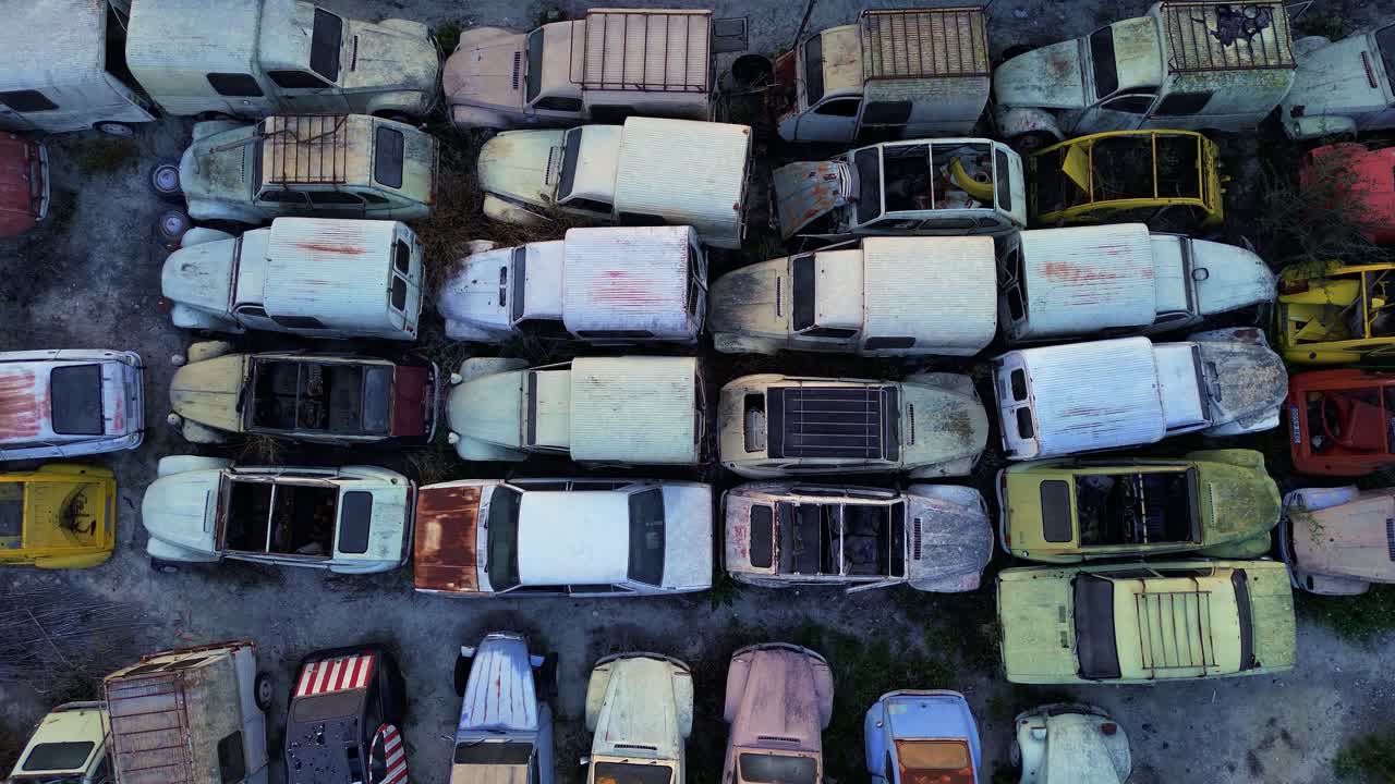 자동차 폐기, 철거, 폐기, 공중 드론 뷰