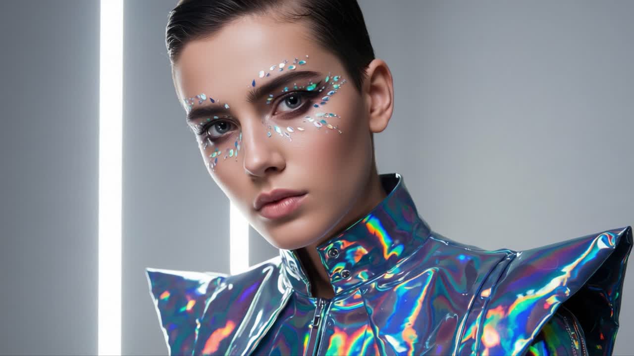 A Stunning Portrait of a Model Showcasing Futuristic Fashion with Glittering Eye Makeup and a Metallic Outfit Underlights