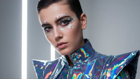 a stunning portrait of a model showcasing futuristic fashion with glittering eye makeup and a metallic outfit underlights