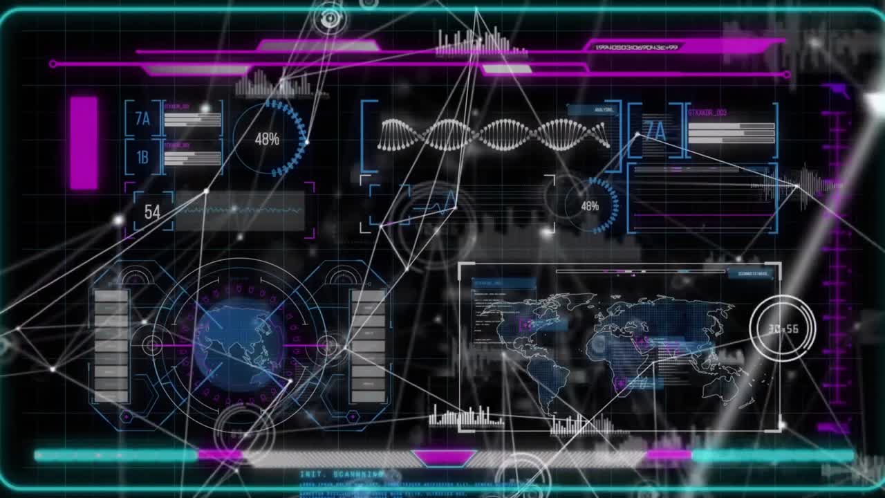 анимация сетей соединений и обработка данных через экран