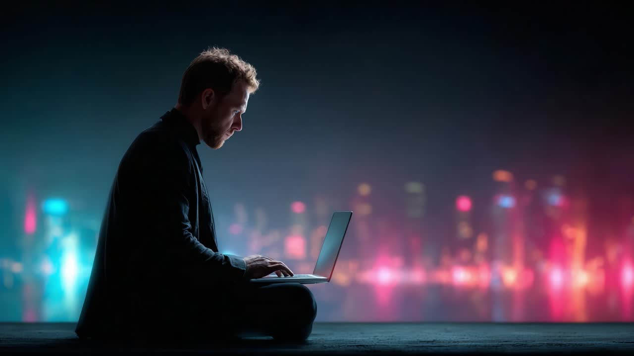 A Focused Individual Engaged with Technology, Captured in a Serene Urban Nightscape, Highlighting the Intersection of Creativity and Digital Connection