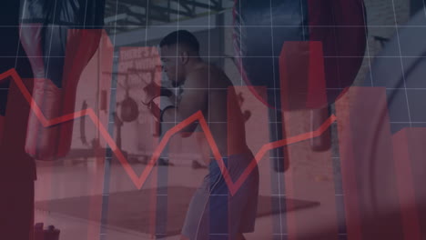 male boxer delivering punch on heavy bag in gym, with animated power meter and punch count