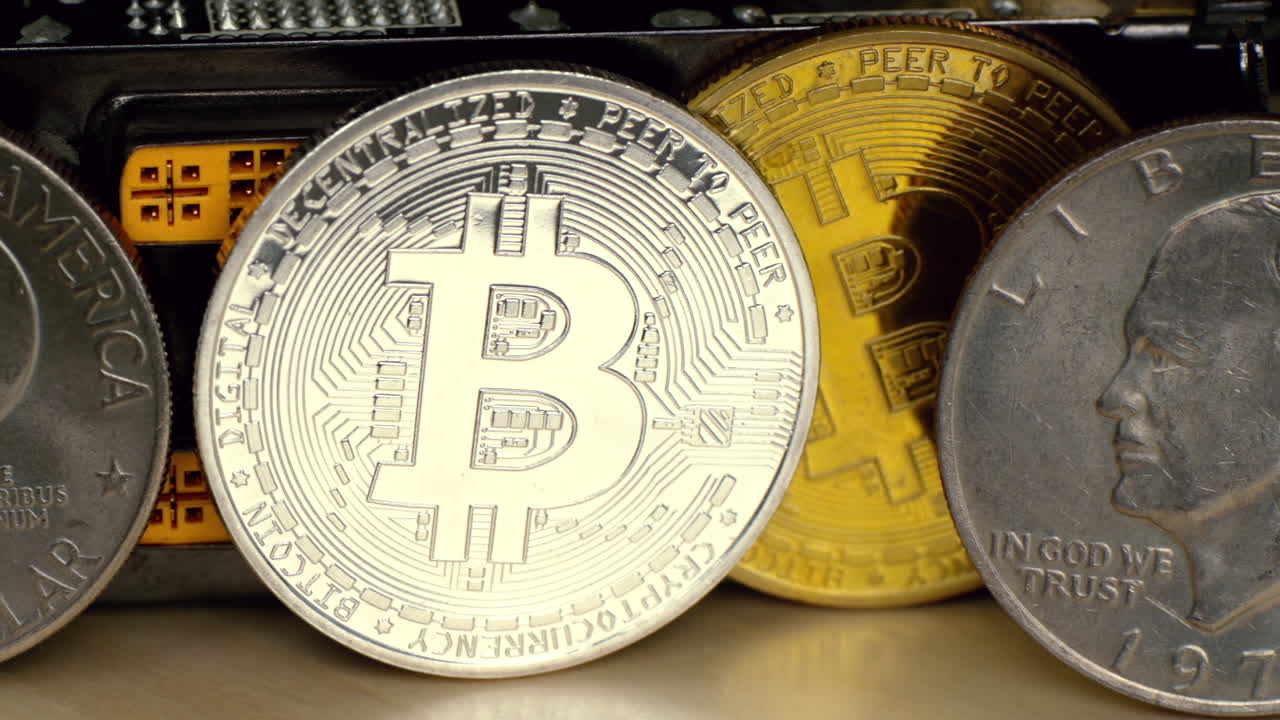 Golden and silver bitcoin crypto money with old dollar coins, close up, graphic video card mining