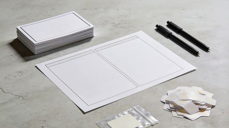 Tightening camera revealing white sheet with two panels on gray table, cards, black pens