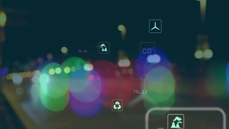 animación de múltiples iconos y lenguaje informático sobre vehículos borrosos que se mueven por la calle en la ciudad