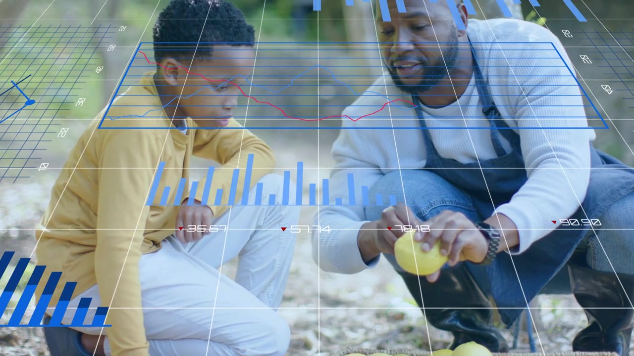 Adult male reaching pile teaching child placing lemons into baskets on farm while charts overlaying