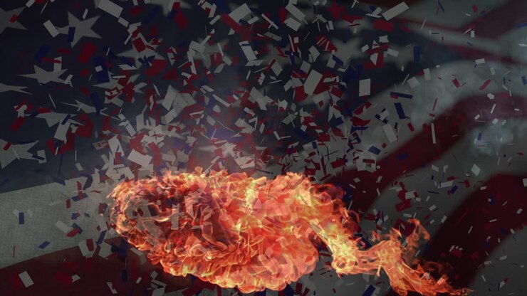 Animazione di una bandiera americana e fiamme che sventolano