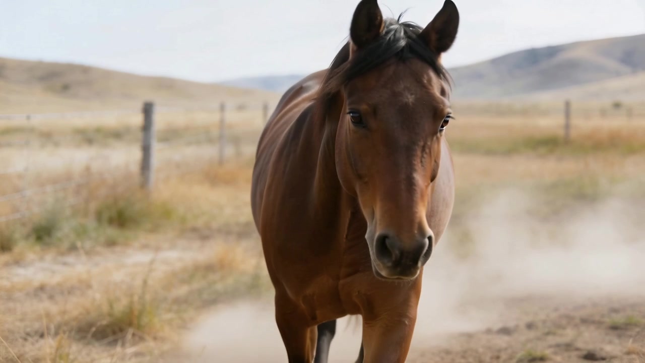 Avvio della telecamera, cavallo baio che si avvicina a una pista sterrata in un pascolo recintato, sollevando polvere e avvicinandosi.