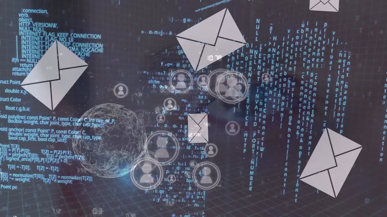 Animazione di elaborazione dati, buste e icone di persone digitali sul globo