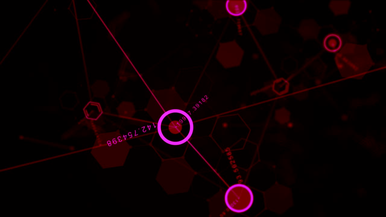 hexágono futurista abstracto, círculo de puntos y estructura de red de línea con número aleatorio movimiento gráfico de color rojo fondo negro. conexión de red de computadora concepto de animación de bucle de tecnología digital.