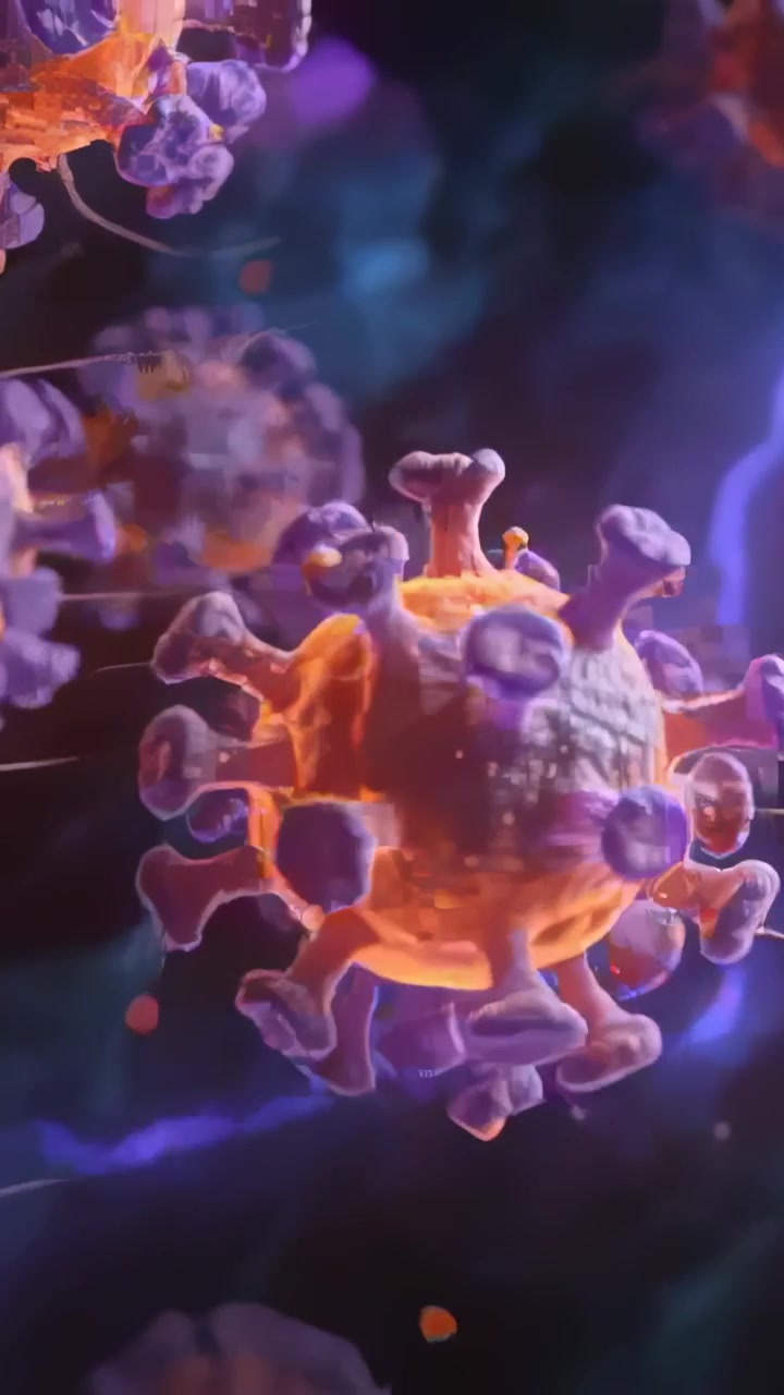 Vertikal video: Kamera trækker sig tilbage og viser en virus, der roterer, med pigge der bøjer sig i en matrix for at vise en gruppe.