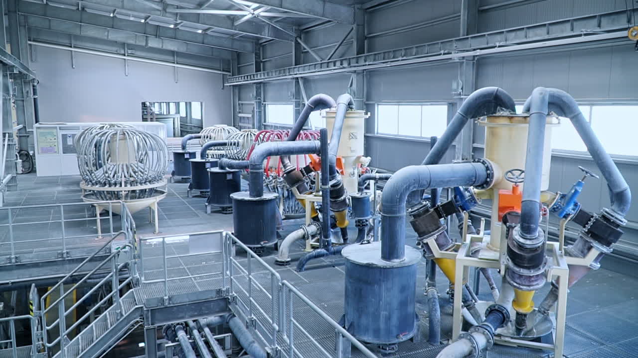 Complicated equipment at the modern kaolin processing plant. Warehouse with lots of tubes and cisterns connected with each other.