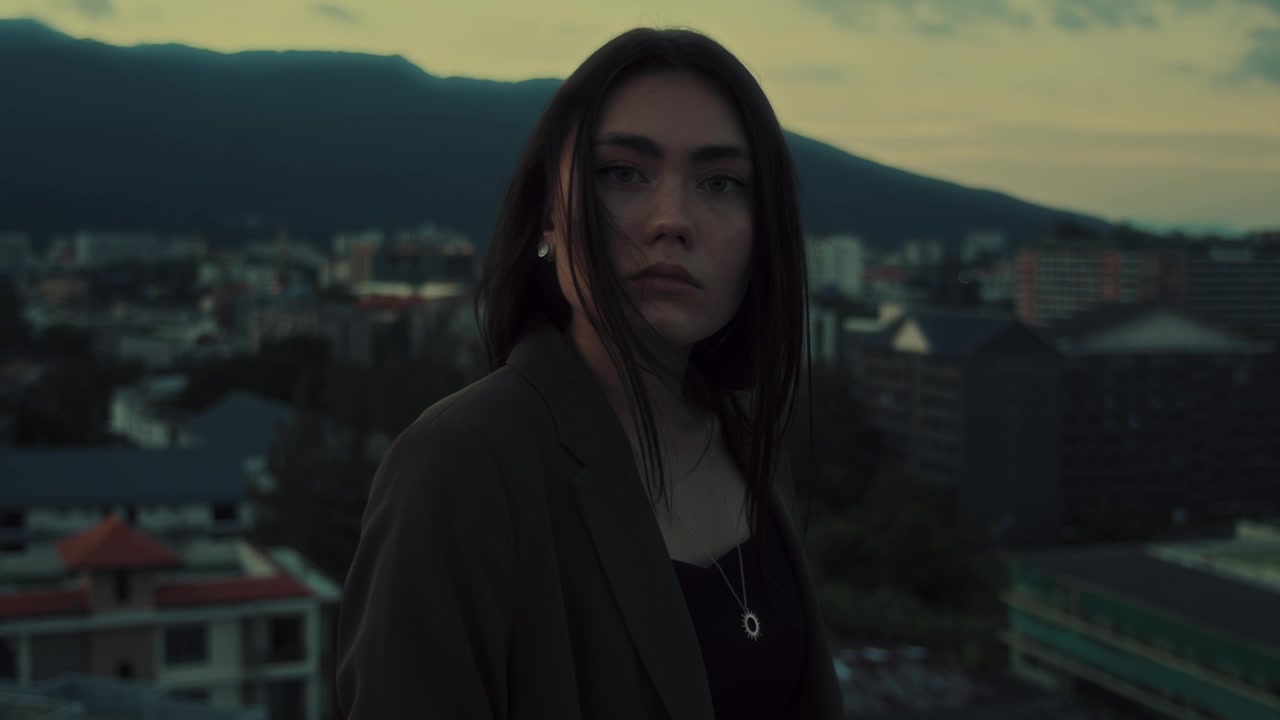Giovane donna in piedi su un tetto con vista sulla città al crepuscolo