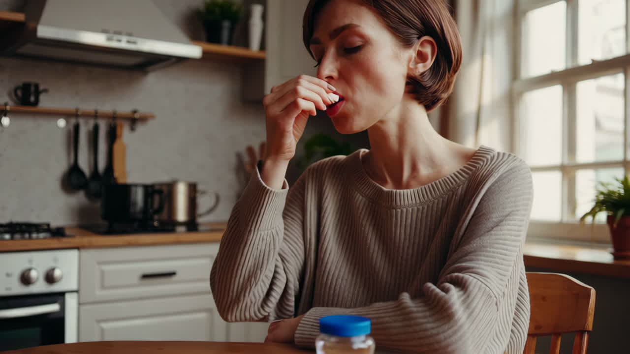 mujer que toma medicamentos en el hogar