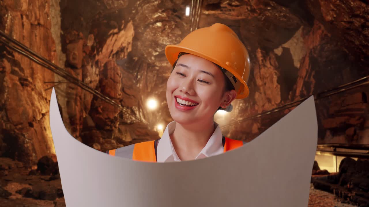 Woman Engineer Reviewing Plans in a Mine Tunnel
