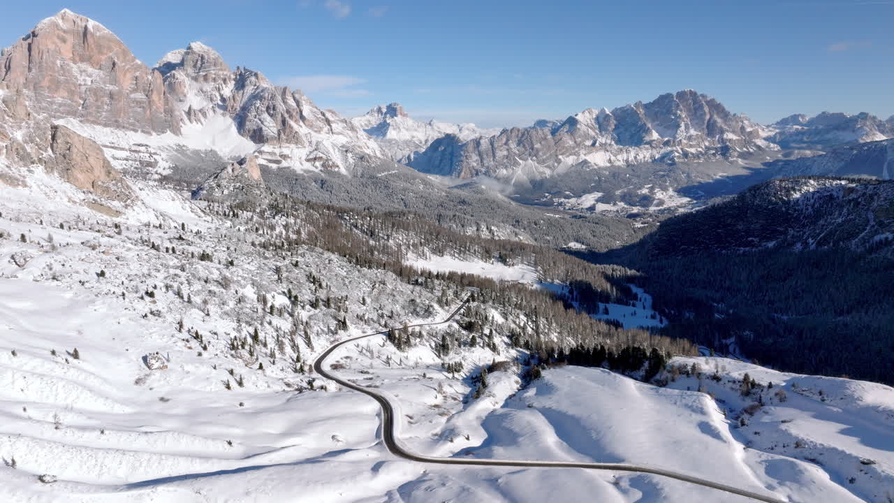 Aerial drone view of the Giau Pass high mountain pass in the Dolomites, Italy