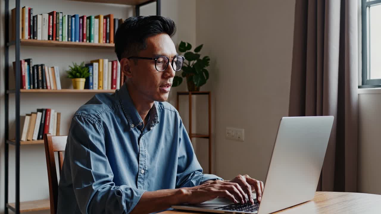 Side angle of a focused man typing on a laptop in a cozy room with bookshelves and natural light