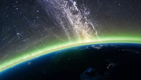 la tierra por la noche con la aurora boreal y la vía láctea