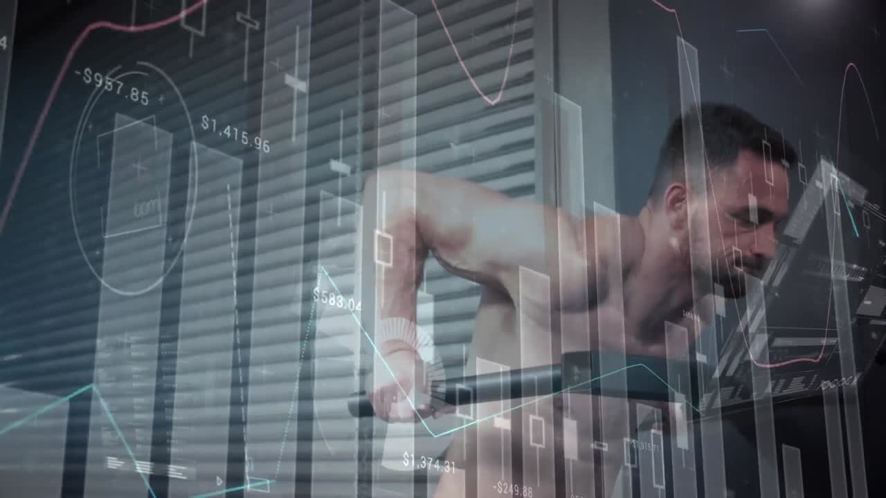 체육관 장비로 운동하는 강한 남자에 대한 데이터 처리 애니메이션