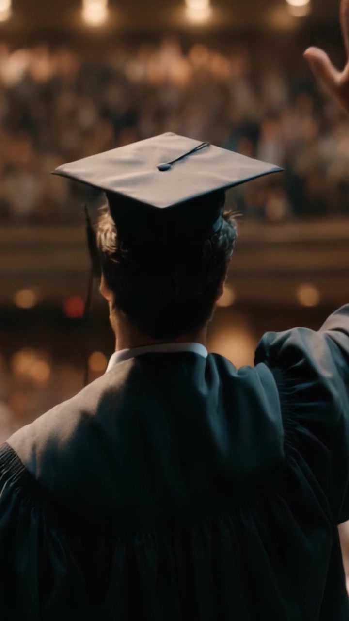 Un laureato orgoglioso celebra il suo traguardo, salutando una folla entusiasta mentre tiene alto il tocco di laurea, segnando la fine di un importante percorso accademico