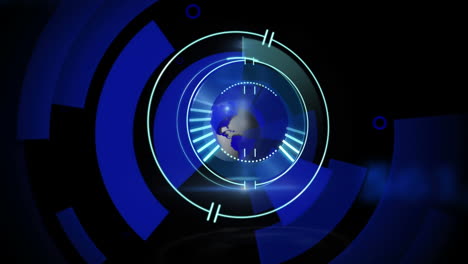 animation of globe, processing circle and red shapes on black and blue background