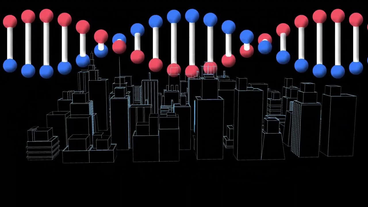 3d 도시 풍경 그림 위에 회전하는 dna 가닥의 애니메이션