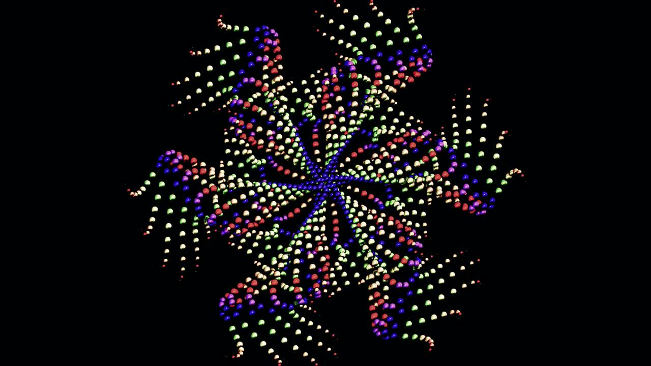 검은색 배경에 고립된 다채로운 패턴의 추상적인 애니메이션, 추상적인 다채로운 둥근 입자, 원활한 루프와 함께 몽환적인 칼레도스코프