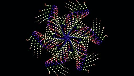 Abstract animation of multicolored pattern rotating isolated on black background. Animation. Hypnotic kaleidoscope with abstract colorful round particles, seamless loop