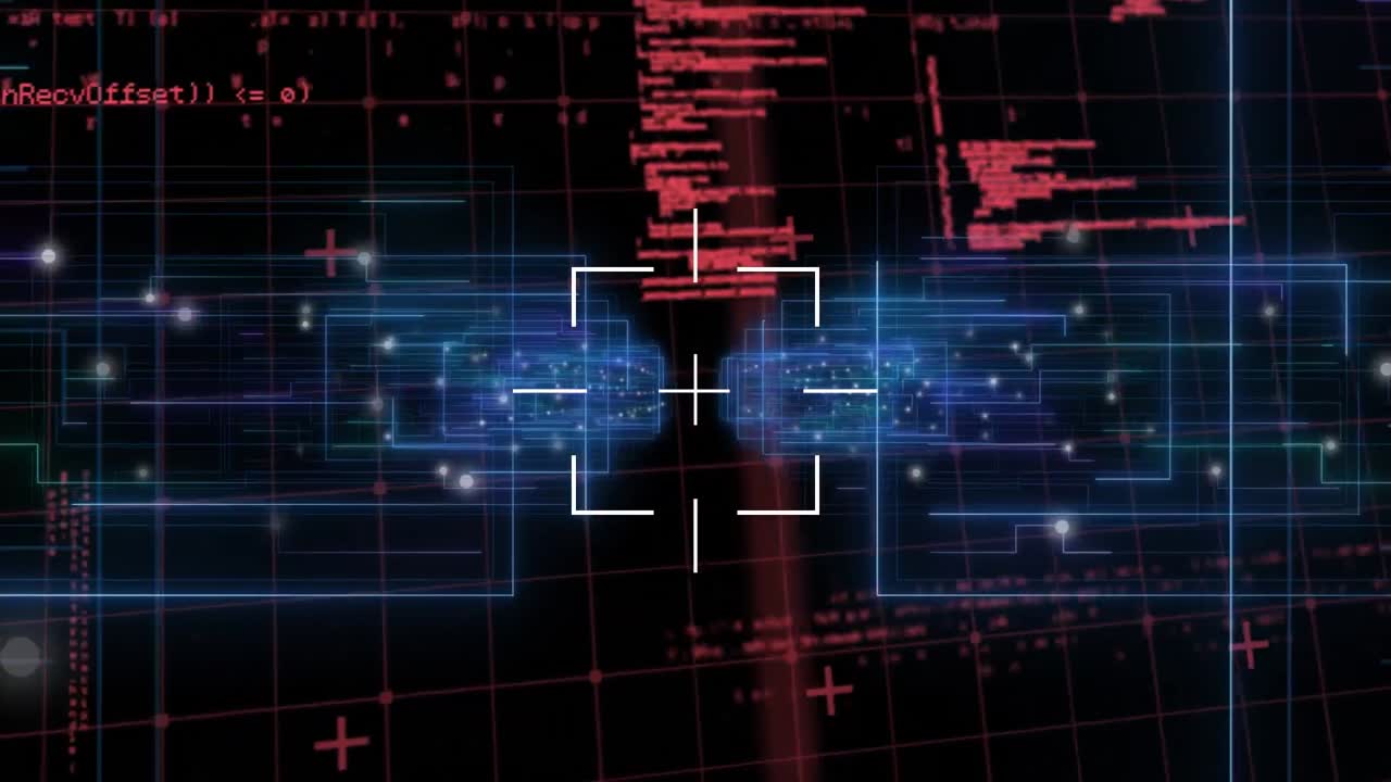 Animation of scope scanning over light trails and data processing against black background