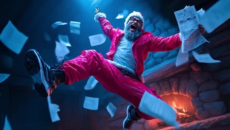A man in a santa suit is jumping in the air with papers flying around him