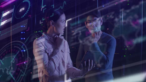 animation of data processing over diverse colleagues using tablet in server room