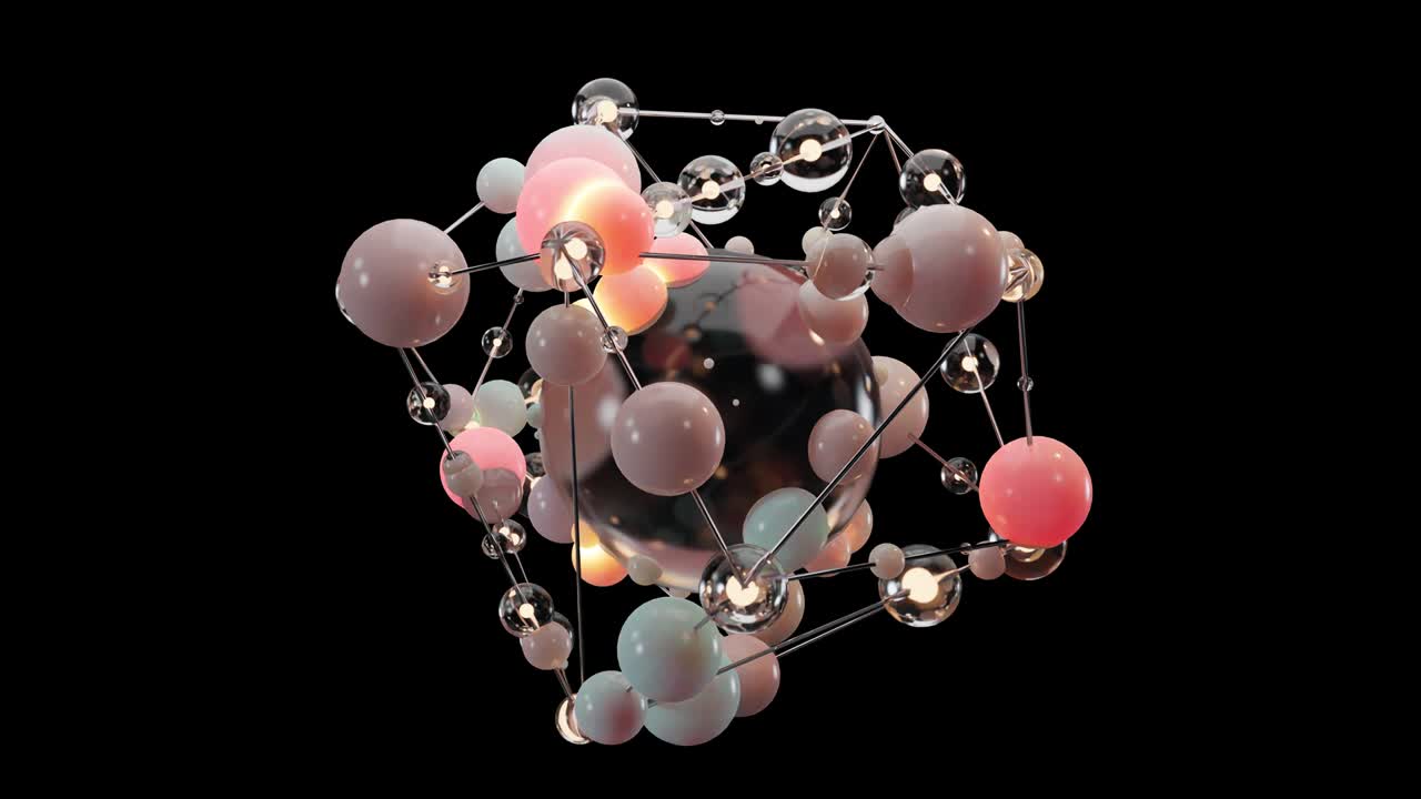 3d 렌더링의 루프 애니메이션: 기하학적으로 연결된 선과 점의 클로즈업. 추상적인 입자 배경. 원자 격자. 추상화. 입을 위한 자유 공간.