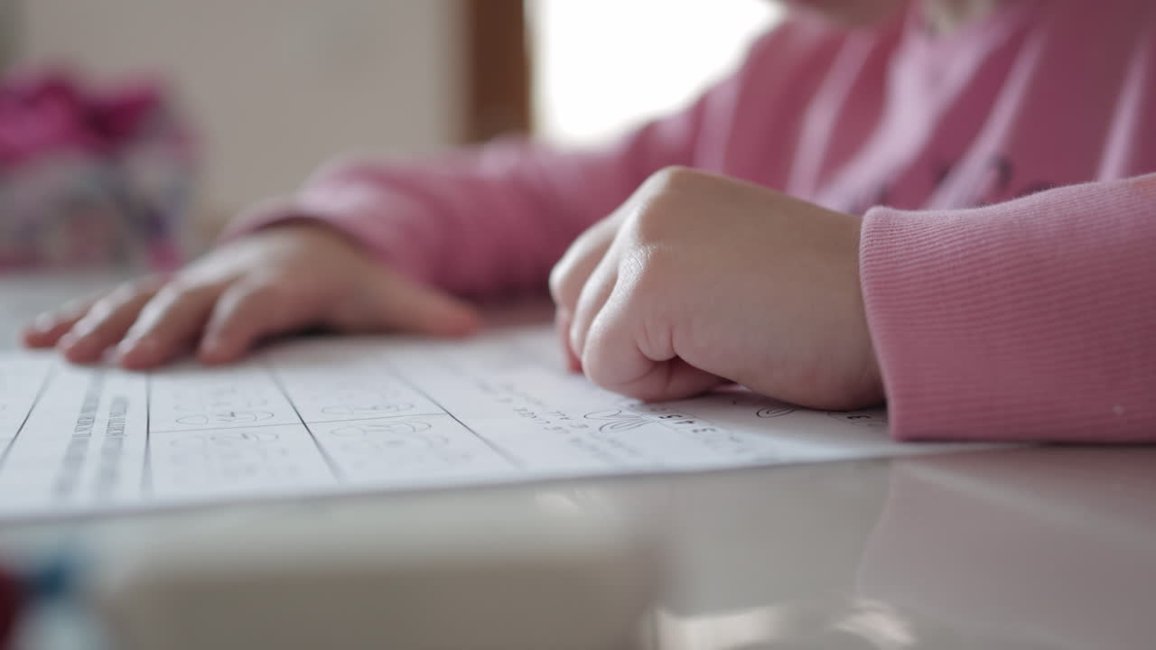 Homework time — child’s hand reading on paper. Cinematic quality shot