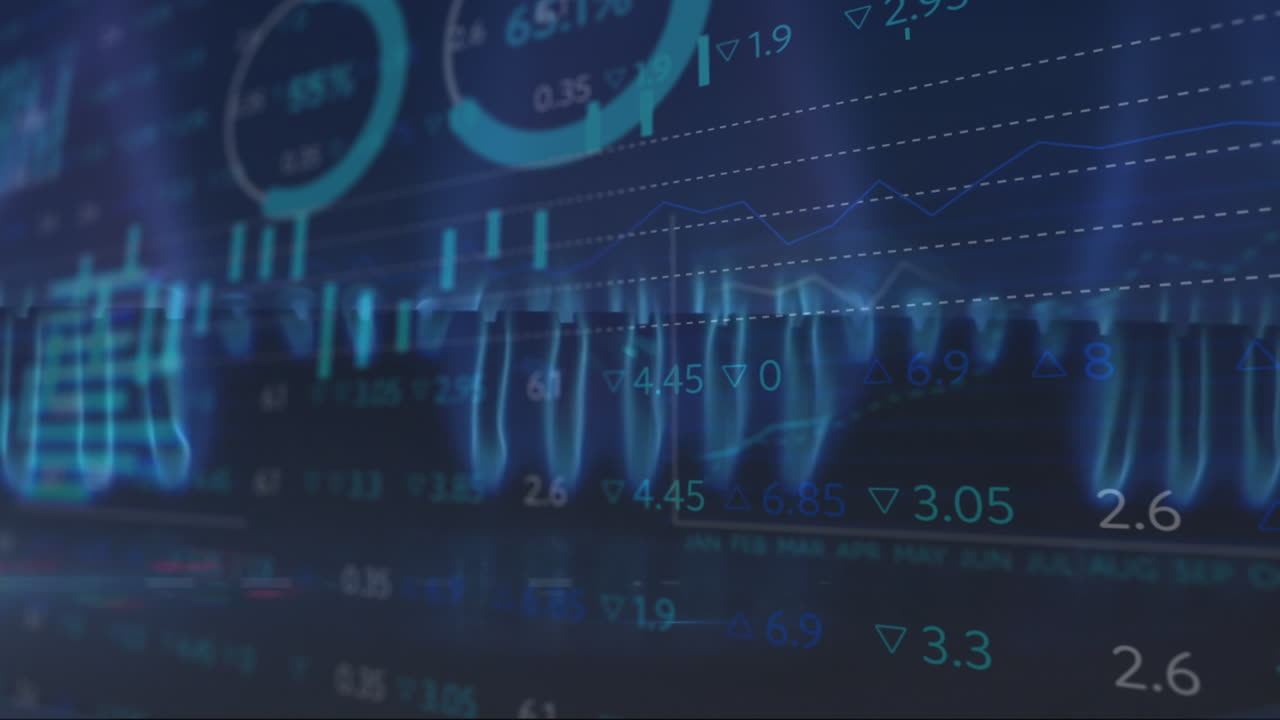 animación de datos financieros cambiantes y gráficos sobre llamas de gas