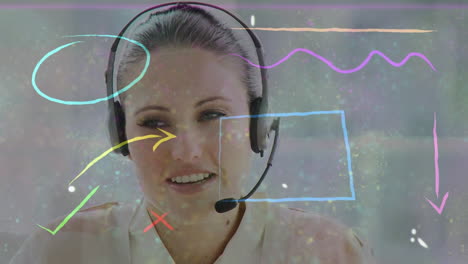 animación de formas sobre mujer de negocios con auriculares en la oficina
