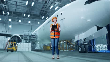 cuerpo lleno de ingeniera femenina asiática con casco de seguridad mirando la tableta en su mano y mirando a su alrededor mientras estaba de pie con aviones en el hangar