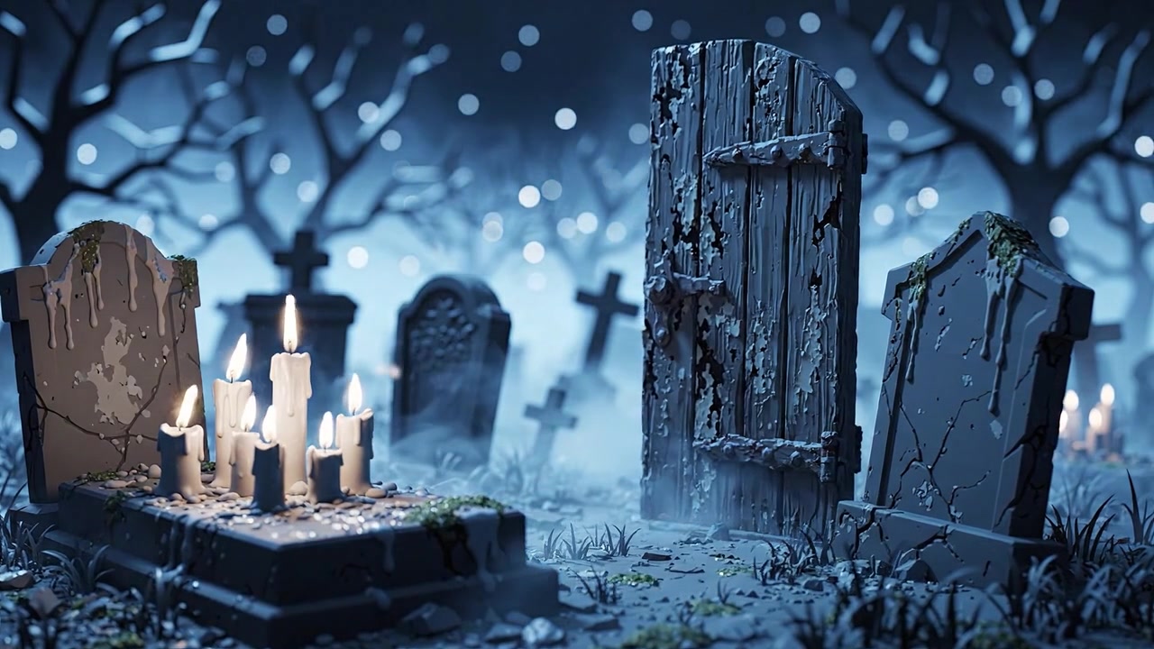 Una scena mistica di cimitero arricchita da candele tremolanti e sussurri di nebbia, avvolta nell'oscurità e in ombre enigmatiche nella quiete della notte.
