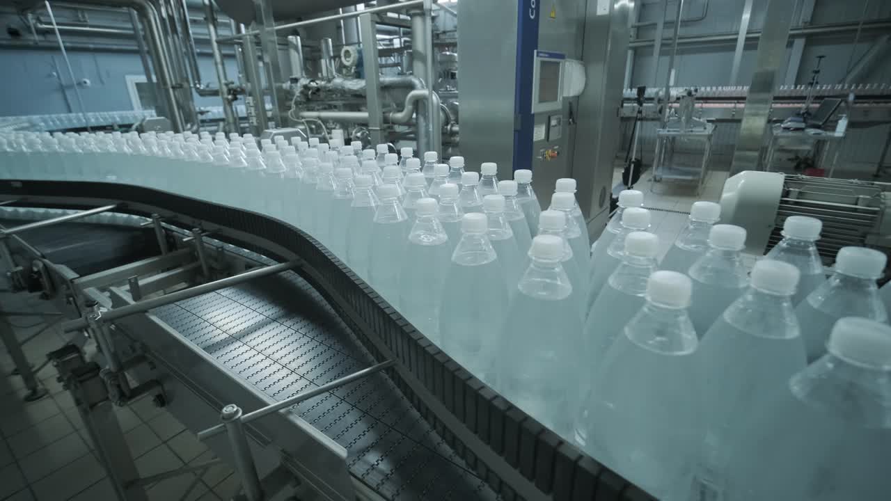 Conveyor belt with bottles of drinking water at a modern beverage plant
